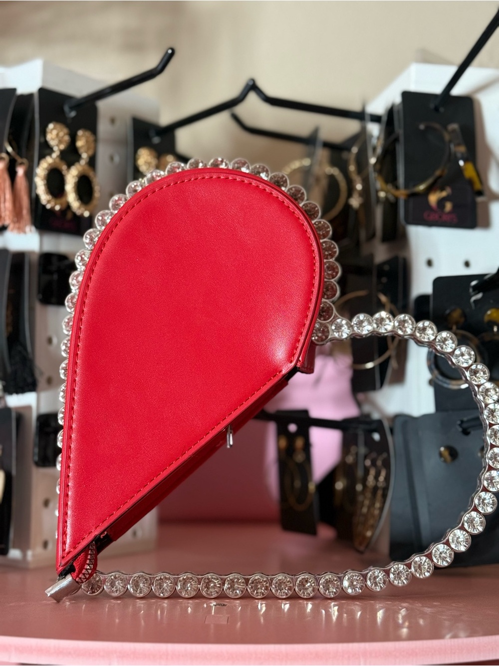 Red Teardrop Crossbody Bag with Crystal Strap